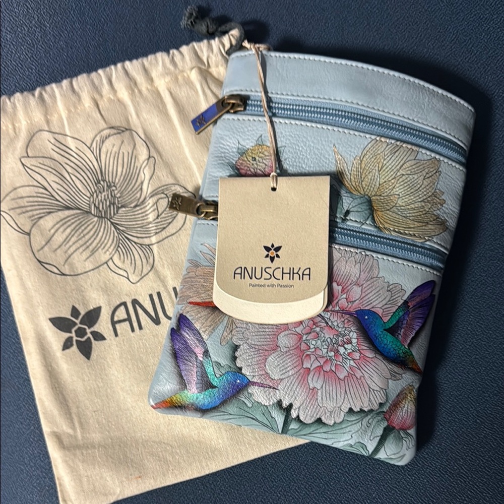 Anuschka Hummingbird and Floral Blue Crossbody